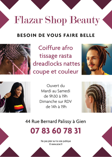 mise en page Flyer pour la boutique - salon de coiffure Flazar Shop de Gien 45500